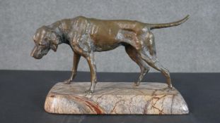 A spelter figure of a pointer dog mounted on a veined marble base. Unsigned. H.19 W.32 D.12cm