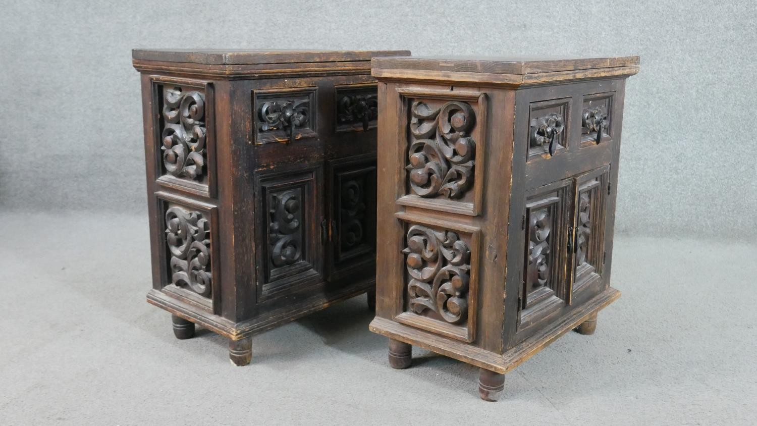 A pair of rustic stained pitch pine side cabinets, with a plank top over two short drawers and two - Image 7 of 7