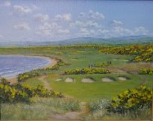 Bill Waugh (Contemporary British), Royal Dornoch golf course, oil on canvas, pencil details verso,