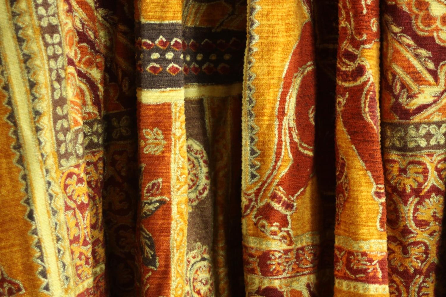Three fully lined silk mix tribal design curtains with elephant motifs. H.160 W.380cm. - Image 5 of 8