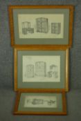 Three Art Deco framed and glazed technical pencil drawings of Art Deco furniture suites with