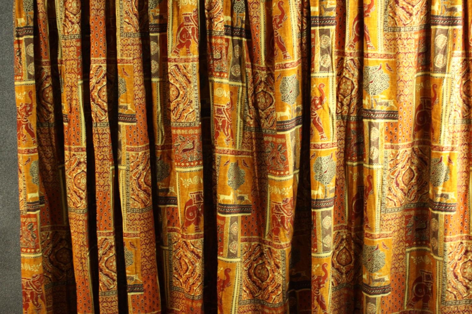 Three fully lined silk mix tribal design curtains with elephant motifs. H.160 W.380cm. - Image 7 of 8