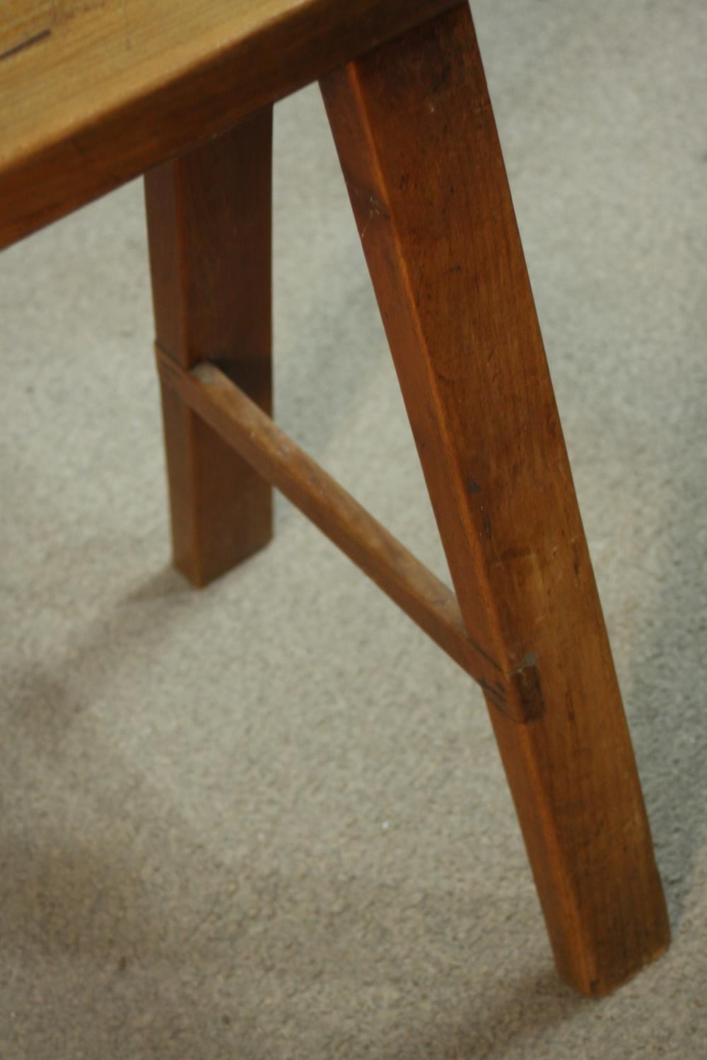 A pair of 19th century French provincial oak benches, the plank tops with rounded ends, on splayed - Image 8 of 8