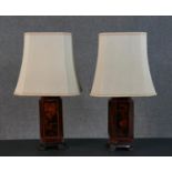 A pair of Chinese style painted table lamps, with canted corners, on four feet, painted with