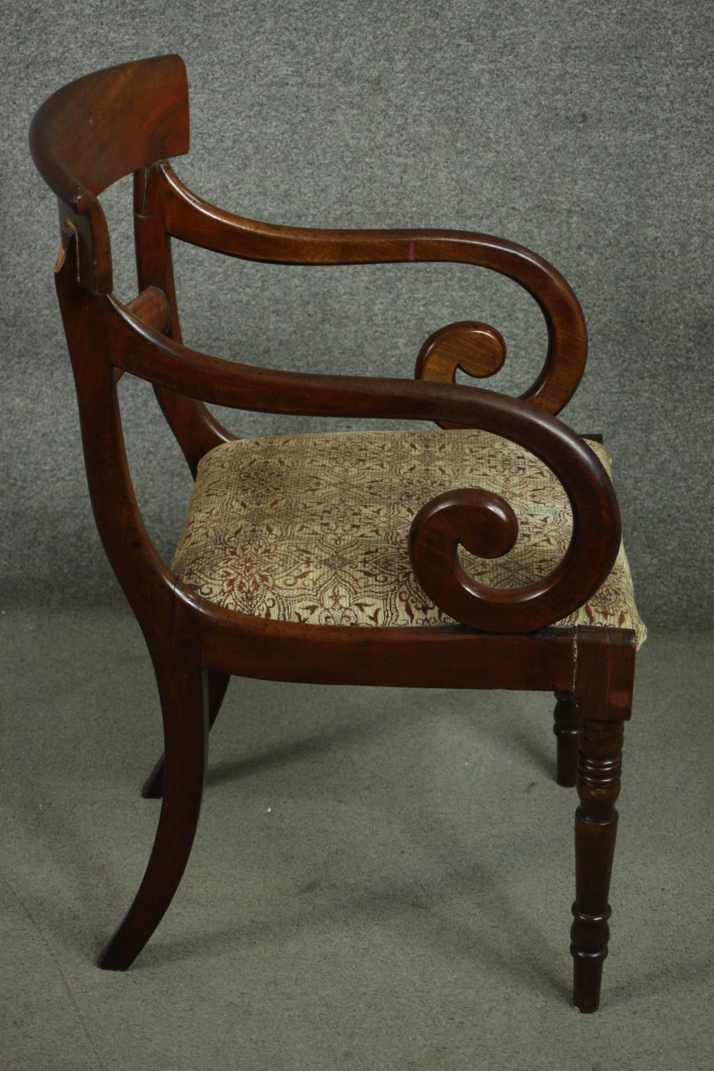 A Regency mahogany bar back open armchair, with scrolling arms, over a drop in seat, on turned legs. - Image 3 of 7