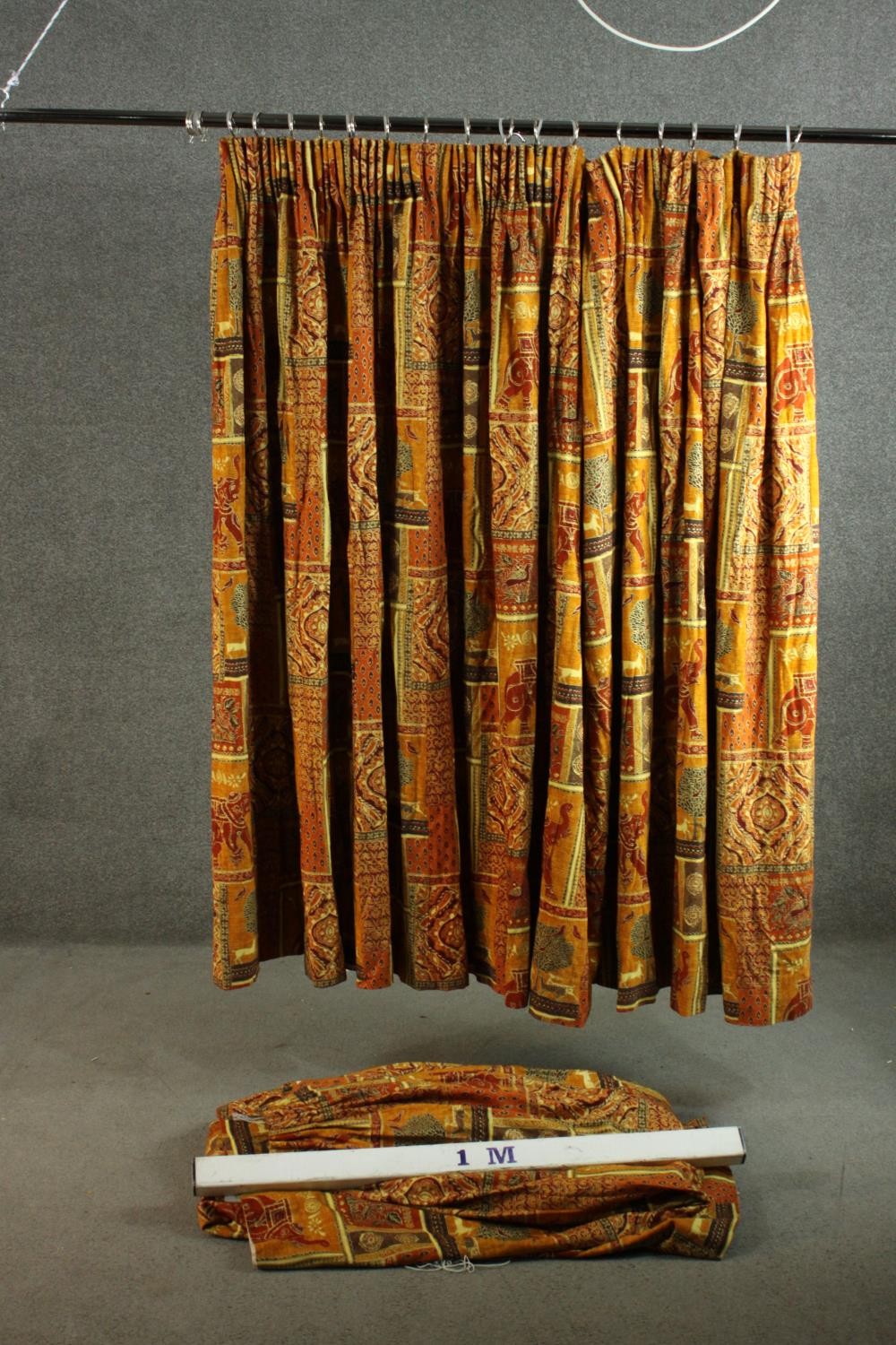 Three fully lined silk mix tribal design curtains with elephant motifs. H.160 W.380cm. - Image 2 of 8
