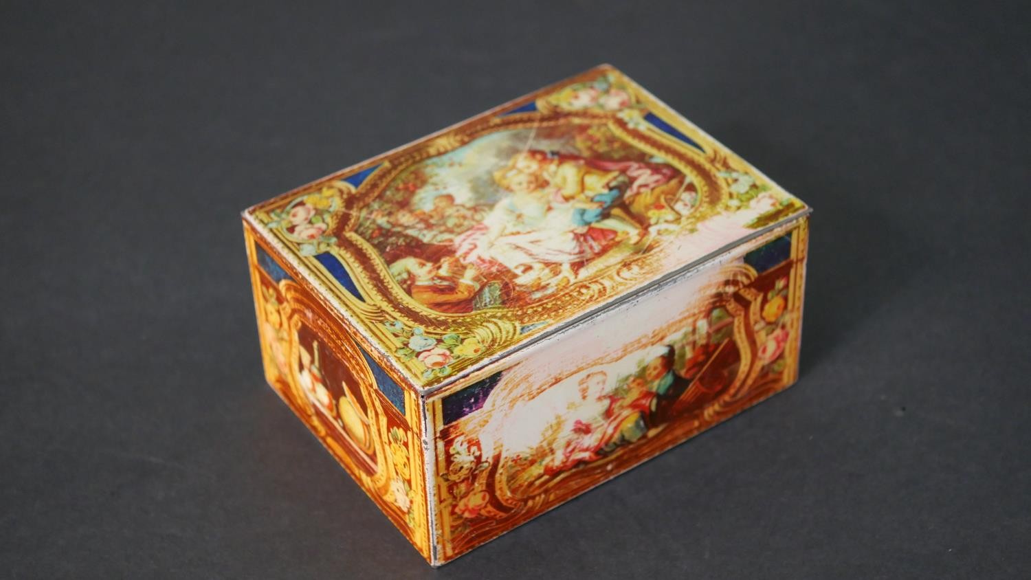 A tin plate vintage biscuit tin with classical figural design along with two olivewood boxes - Image 5 of 8