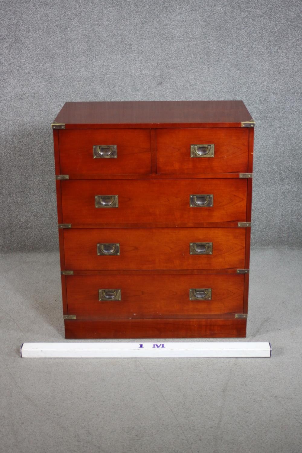 A 20th century yew wood campaign style chest of two short over three long drawers with recessed - Image 2 of 8