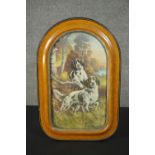 A maple arched framed and convex glazed vintage print of two English Setter dogs. H.60 W.40cm.