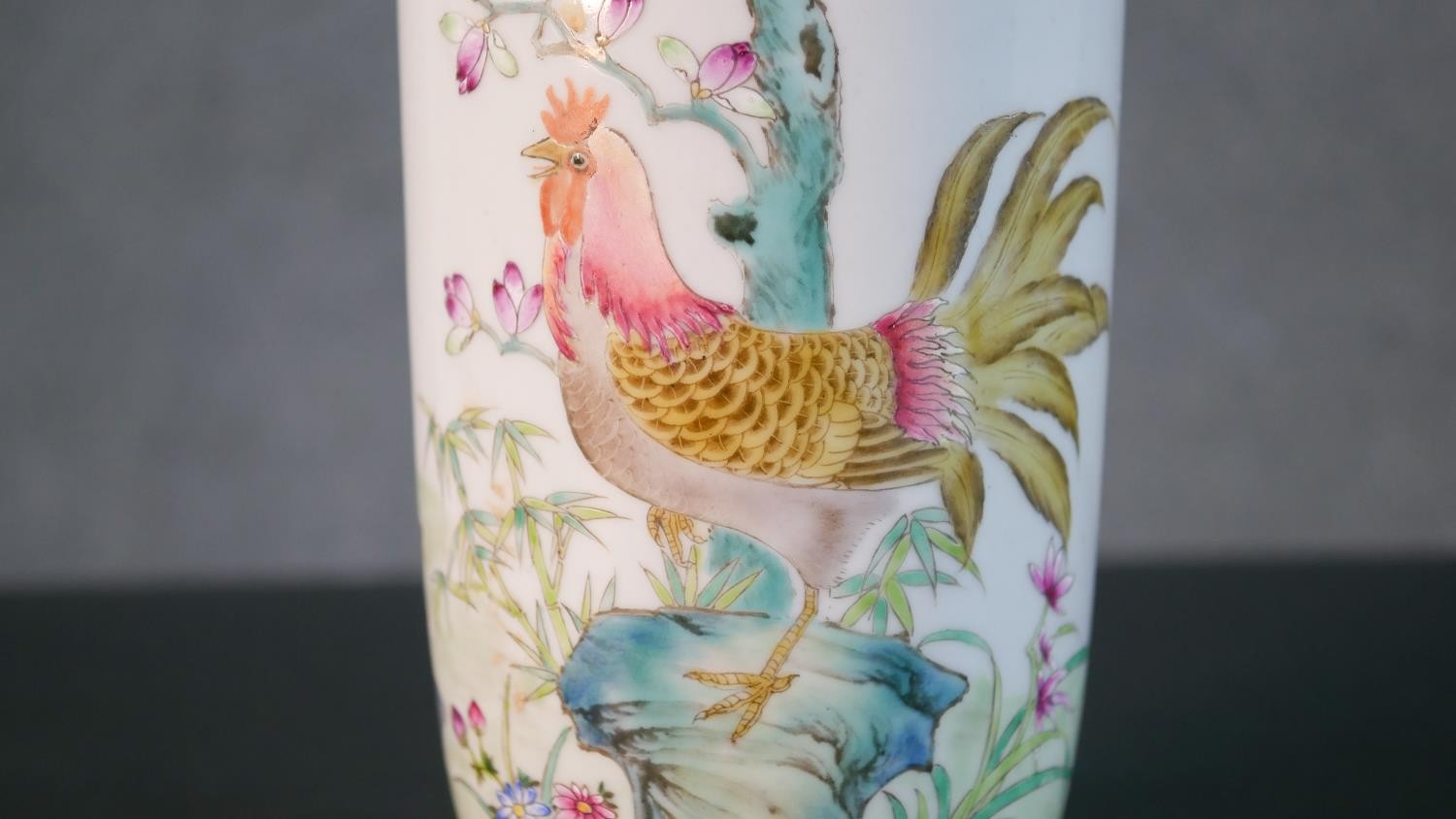 A Chinese porcelain hand painted vase decorated with a rooster, hen and chicks under a blossom tree. - Image 3 of 11