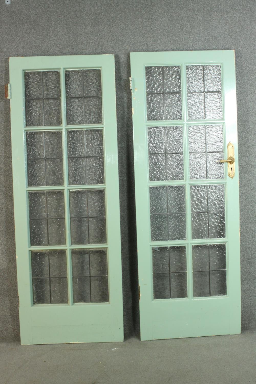 A pair of vintage light blue painted doors, lead set with textured glass panels. H.202 W.73cm. each. - Image 7 of 9