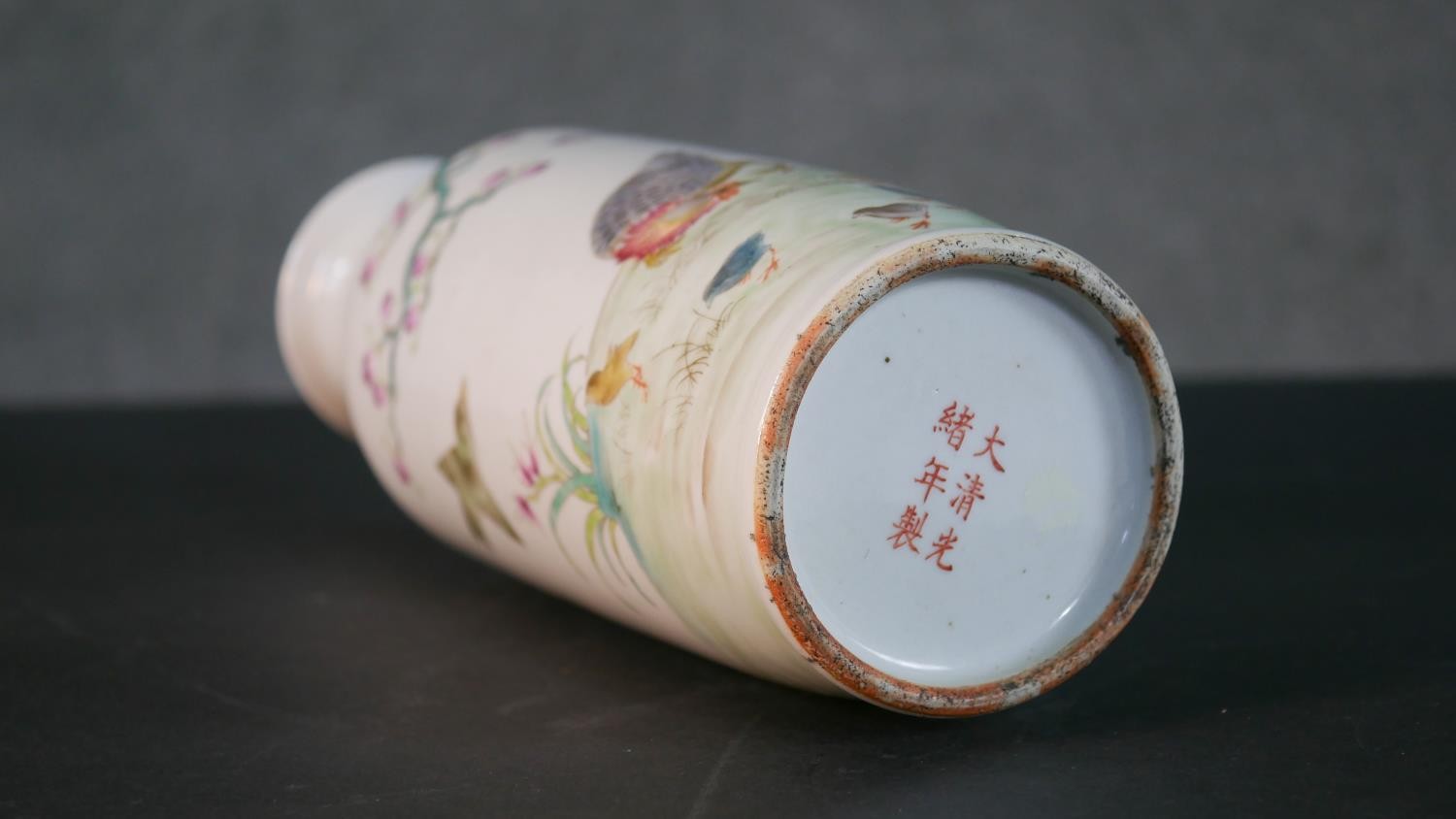 A Chinese porcelain hand painted vase decorated with a rooster, hen and chicks under a blossom tree. - Image 9 of 11