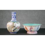 Two hand painted porcelain Chinese pieces, one bottle shaped vase decorated with peacocks among