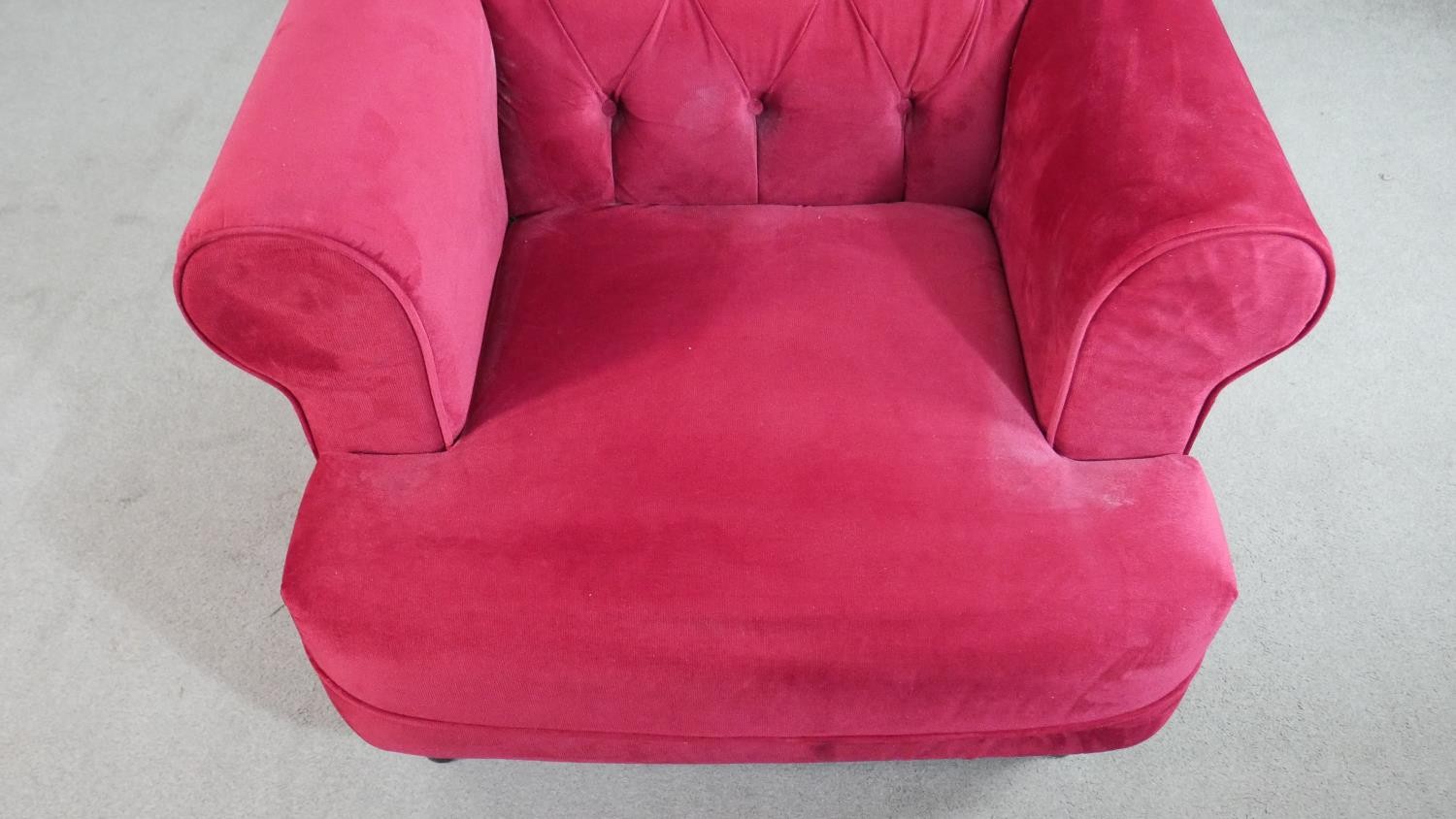A contemporary Harto armchair, upholstered in crimson suede style fabric, with a buttoned back, - Image 2 of 6