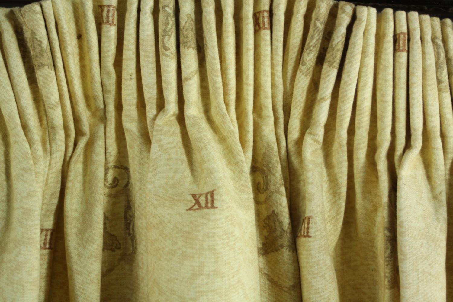 Three fully lined yellow cotton mix curtains decorated with heraldic design. H.170 W.220cm. - Image 4 of 9
