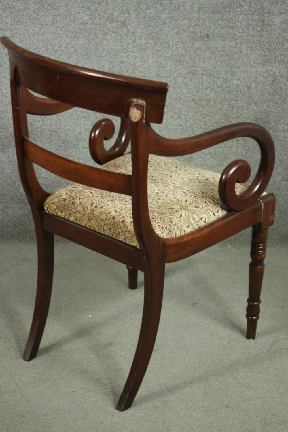 A Regency mahogany bar back open armchair, with scrolling arms, over a drop in seat, on turned legs. - Image 5 of 7