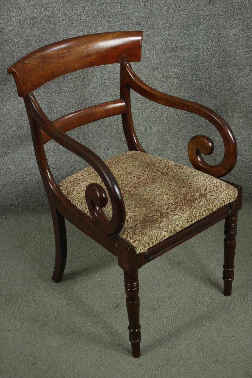 A Regency mahogany bar back open armchair, with scrolling arms, over a drop in seat, on turned legs. - Image 2 of 7