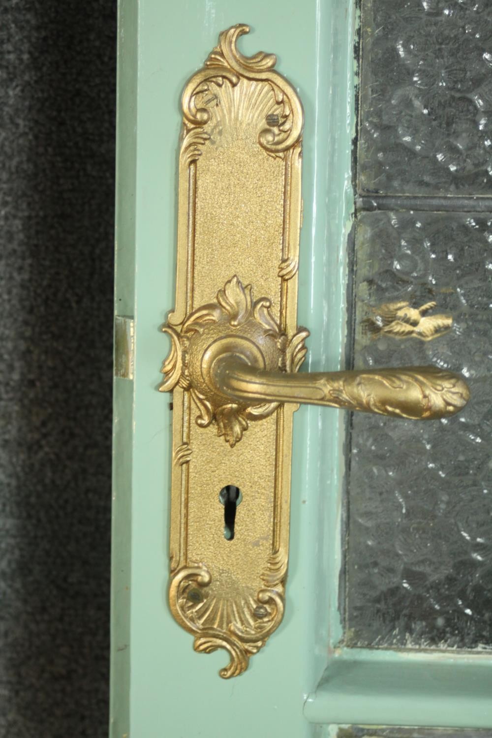 A pair of vintage light blue painted doors, lead set with textured glass panels. H.202 W.73cm. each. - Image 5 of 9