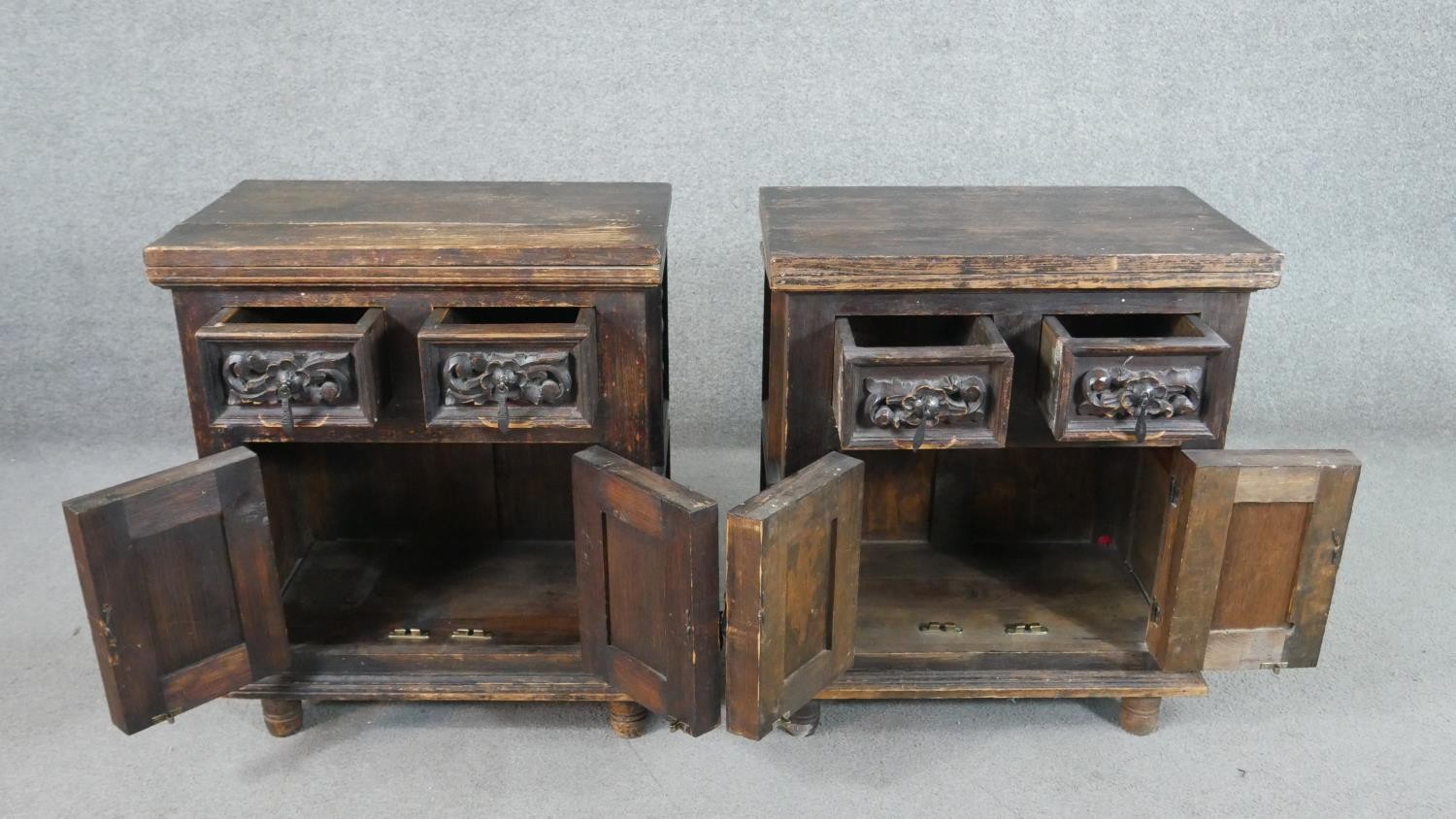 A pair of rustic stained pitch pine side cabinets, with a plank top over two short drawers and two - Image 2 of 7