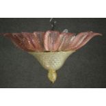 A Venetian hand blown glass ceiling light, with pink glass leaves over a bowl shaped body and