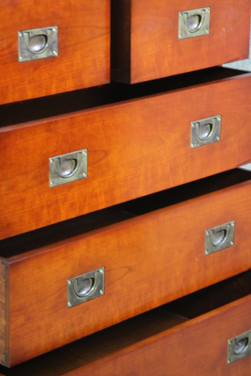 A 20th century yew wood campaign style chest of two short over three long drawers with recessed - Image 5 of 8