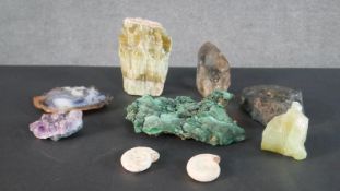 A large collection of rocks, minerals and fossils, including labradorite, ammonites, banded agate