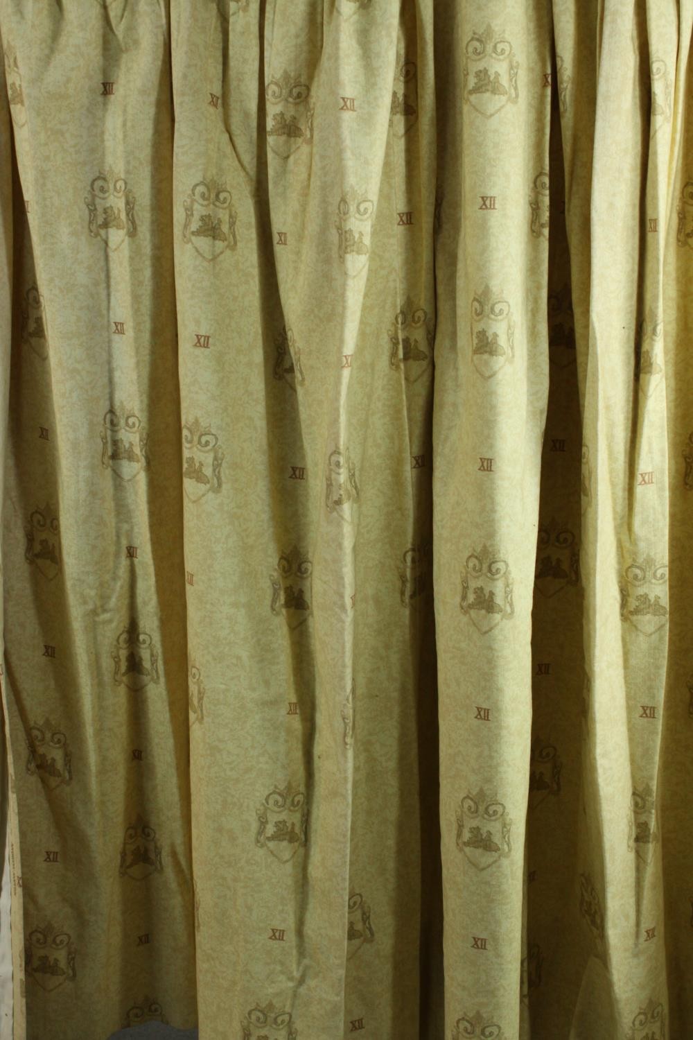 Three fully lined yellow cotton mix curtains decorated with heraldic design. H.170 W.220cm. - Image 9 of 9