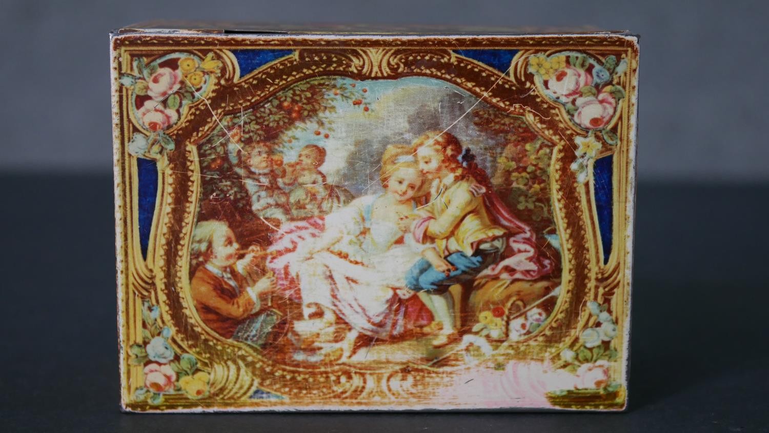 A tin plate vintage biscuit tin with classical figural design along with two olivewood boxes - Image 6 of 8