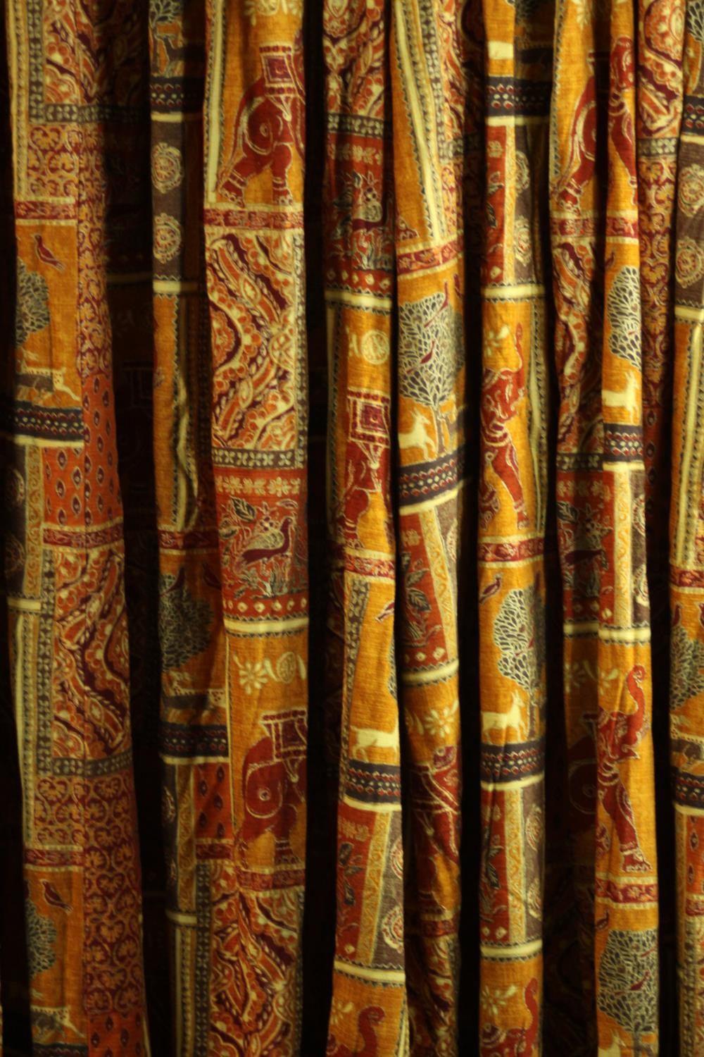 Three fully lined silk mix tribal design curtains with elephant motifs. H.160 W.380cm. - Image 3 of 8