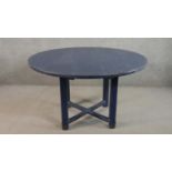 A contemporary Chalon circular breakfast table, circa 2005, blue painted and distressed, with a