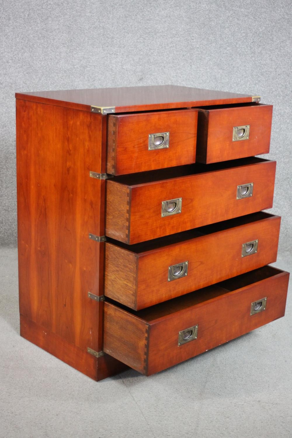 A 20th century yew wood campaign style chest of two short over three long drawers with recessed - Image 4 of 8