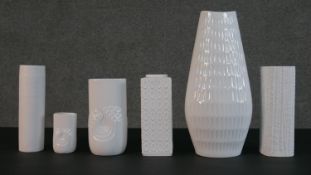 A collection of six white glaze ceramic Bavarian and German mid century vases, including Rosenthal