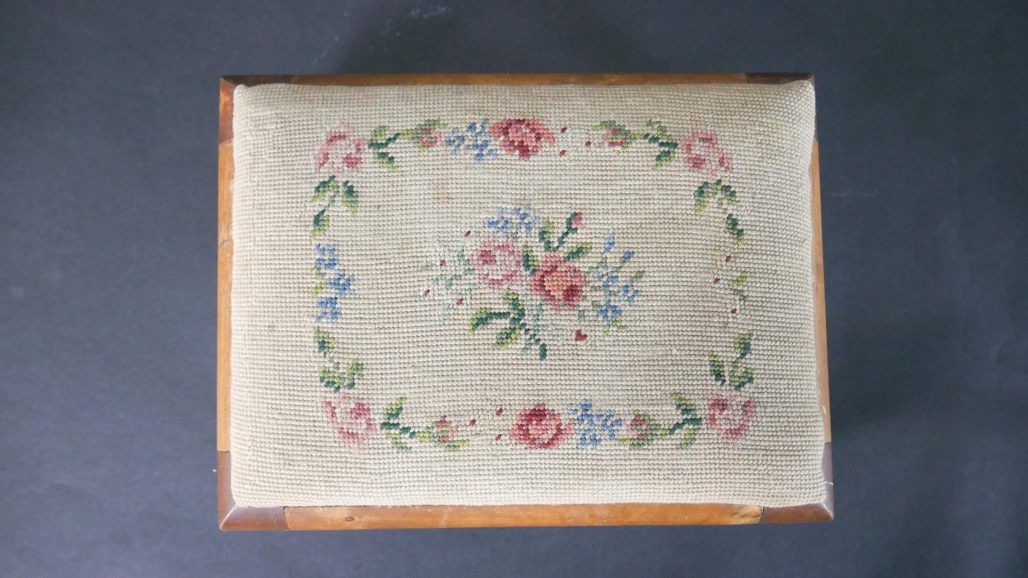 A satinwood footstool, with an embroidered seat, on cabriole legs. H.12 W.35 D.26cm - Image 3 of 5