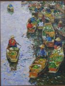 Patamares Livisit (Thailand, b1960), Market Sellers on Boats, oil on canvas, signed lower left. H.81