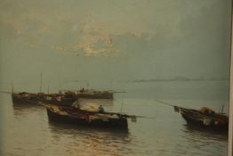 Arnaldo de Lisio (1869 - 1949), oil on canvas, fishing boats at sunset, signed. H.47 W.57cm.
