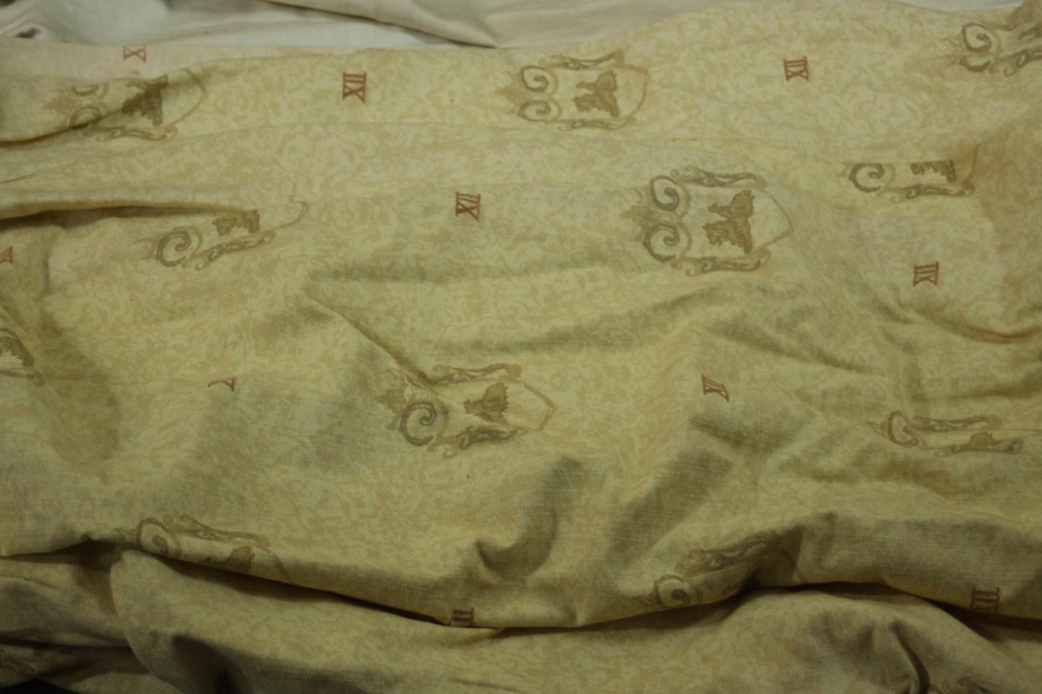Three fully lined yellow cotton mix curtains decorated with heraldic design. H.170 W.220cm. - Image 8 of 9