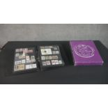 An album of world stamps along with a British Collecta coin album filled with various British coins.