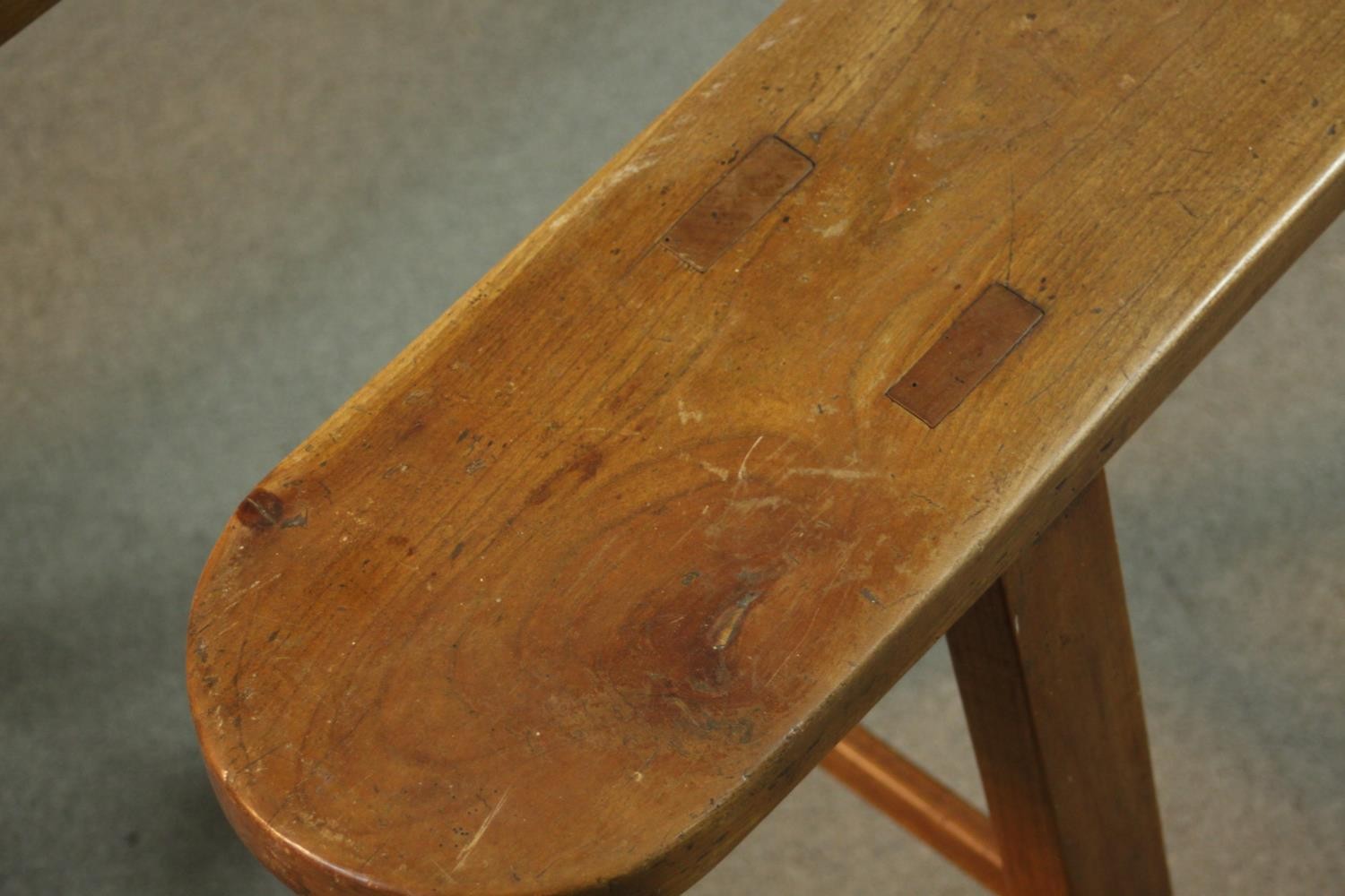 A pair of 19th century French provincial oak benches, the plank tops with rounded ends, on splayed - Image 5 of 8