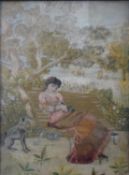 A framed and glazed 19th century Italian silk work embroidery of a lady sitting on a bench with