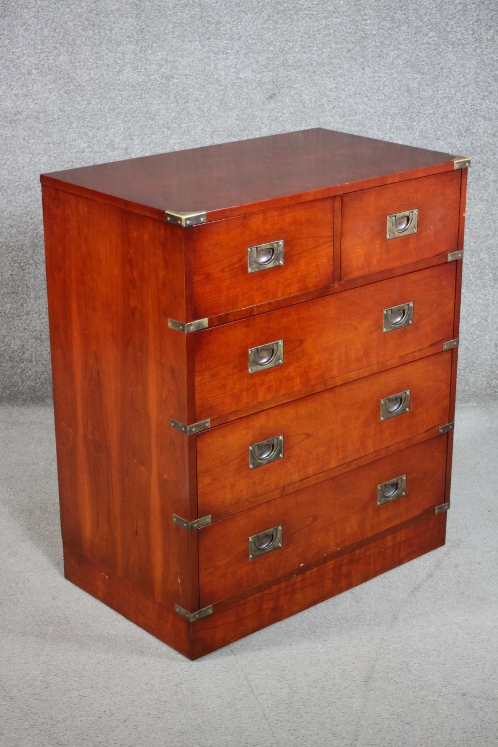 A 20th century yew wood campaign style chest of two short over three long drawers with recessed - Image 3 of 8