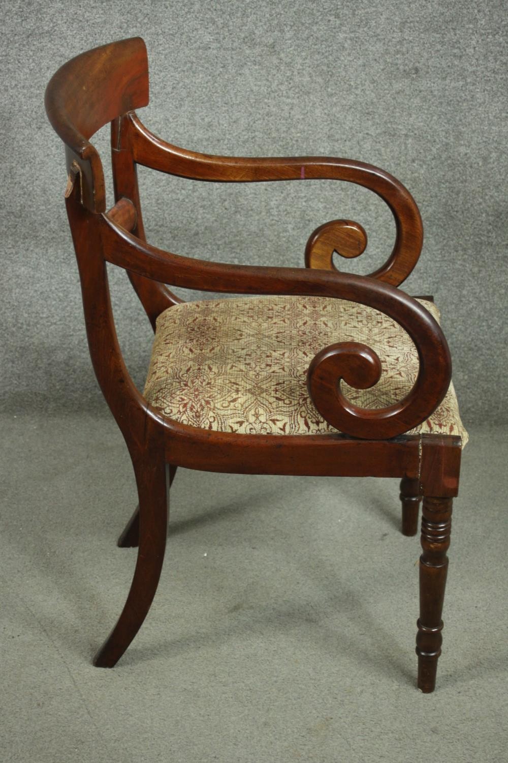 A Regency mahogany bar back open armchair, with scrolling arms, over a drop in seat, on turned legs. - Image 4 of 7