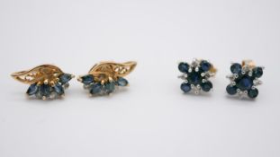 Two pairs of gem set earrings, including a pair of diamond and sapphire stylised floral and