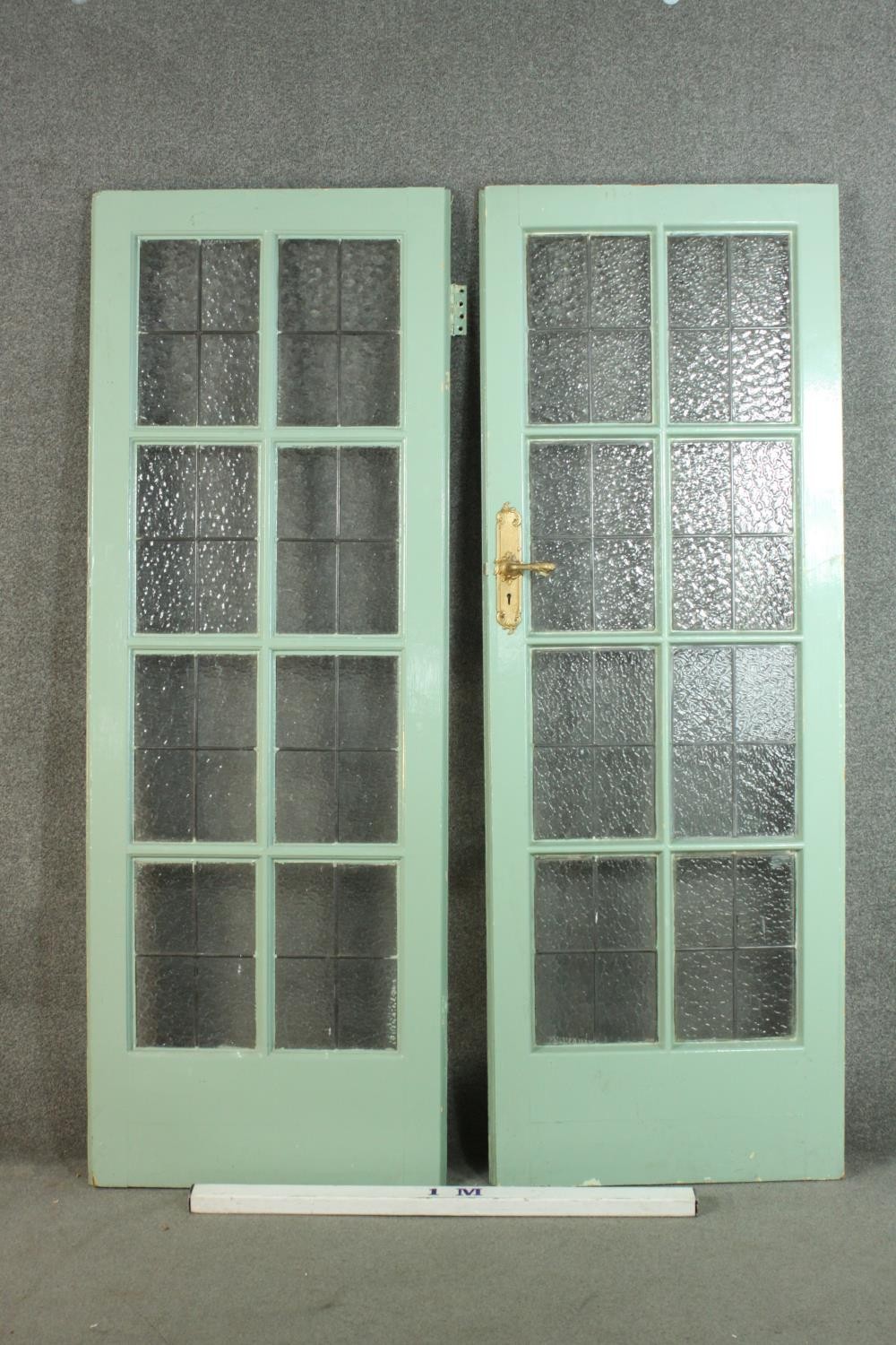 A pair of vintage light blue painted doors, lead set with textured glass panels. H.202 W.73cm. each. - Image 2 of 9