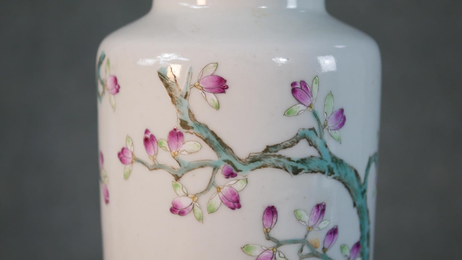 A Chinese porcelain hand painted vase decorated with a rooster, hen and chicks under a blossom tree. - Image 2 of 11