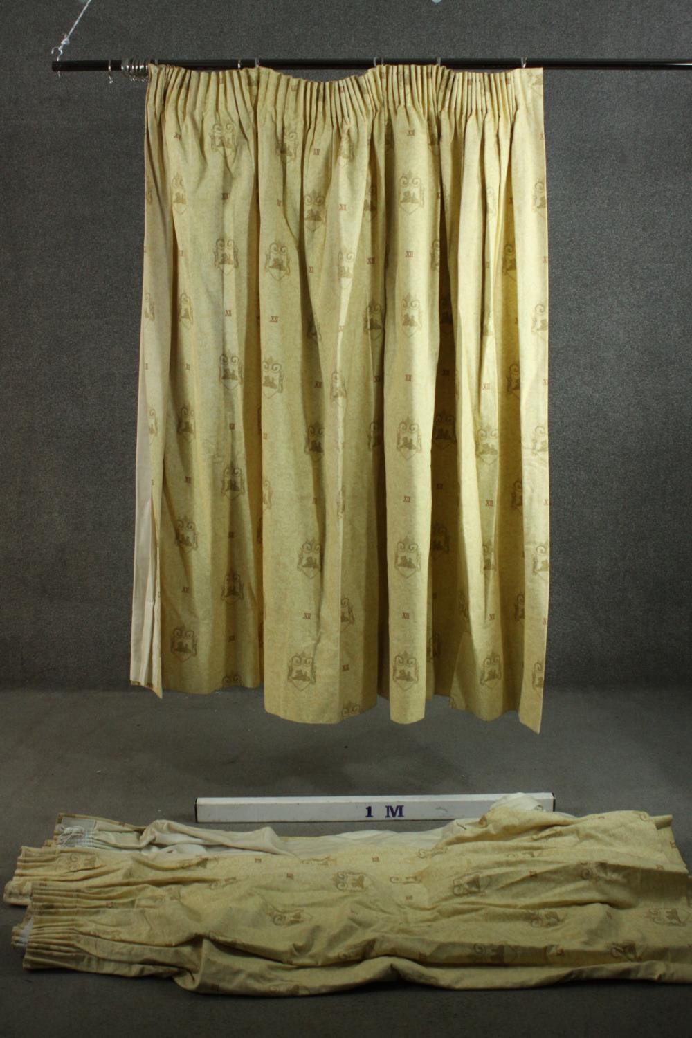 Three fully lined yellow cotton mix curtains decorated with heraldic design. H.170 W.220cm. - Image 2 of 9