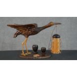 Aldo Tura style carved table lamp in the form of a heron with brass and orange textured plastic