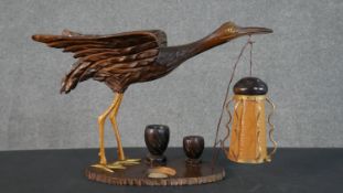 Aldo Tura style carved table lamp in the form of a heron with brass and orange textured plastic