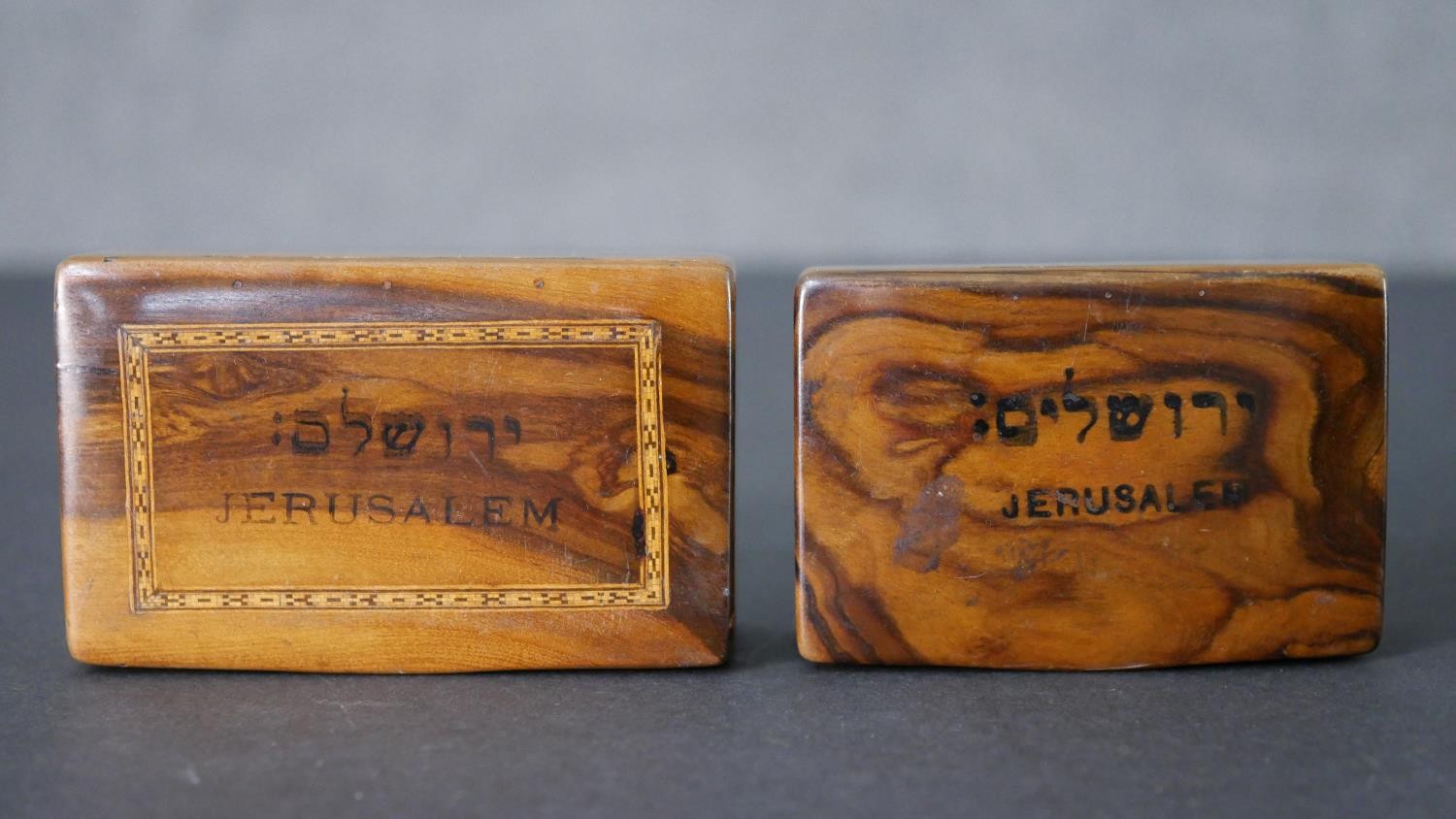 A tin plate vintage biscuit tin with classical figural design along with two olivewood boxes - Image 3 of 8