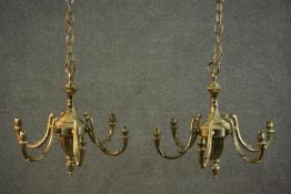 Two heavy gilt brass 19th century foliate design six branch chandeliers with hanging chains. H.80