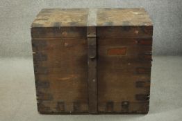 A 19th century iron banded oak silver chest, of rectangular form, with two pairs of iron handles